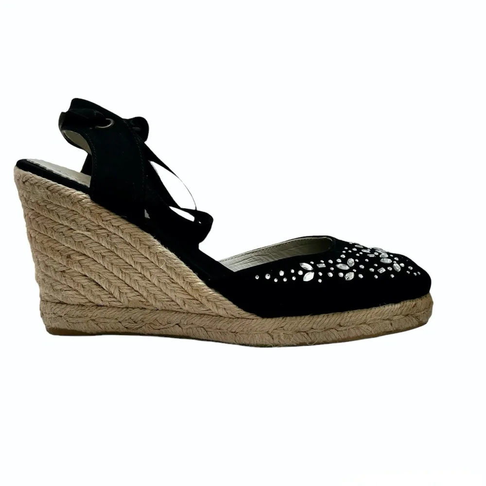 ANNE KLEIN BLACK SATIN WEDGE PEEP TOE ESPADRILLES W SATIN ANKLE WRAP & CRYSTALS